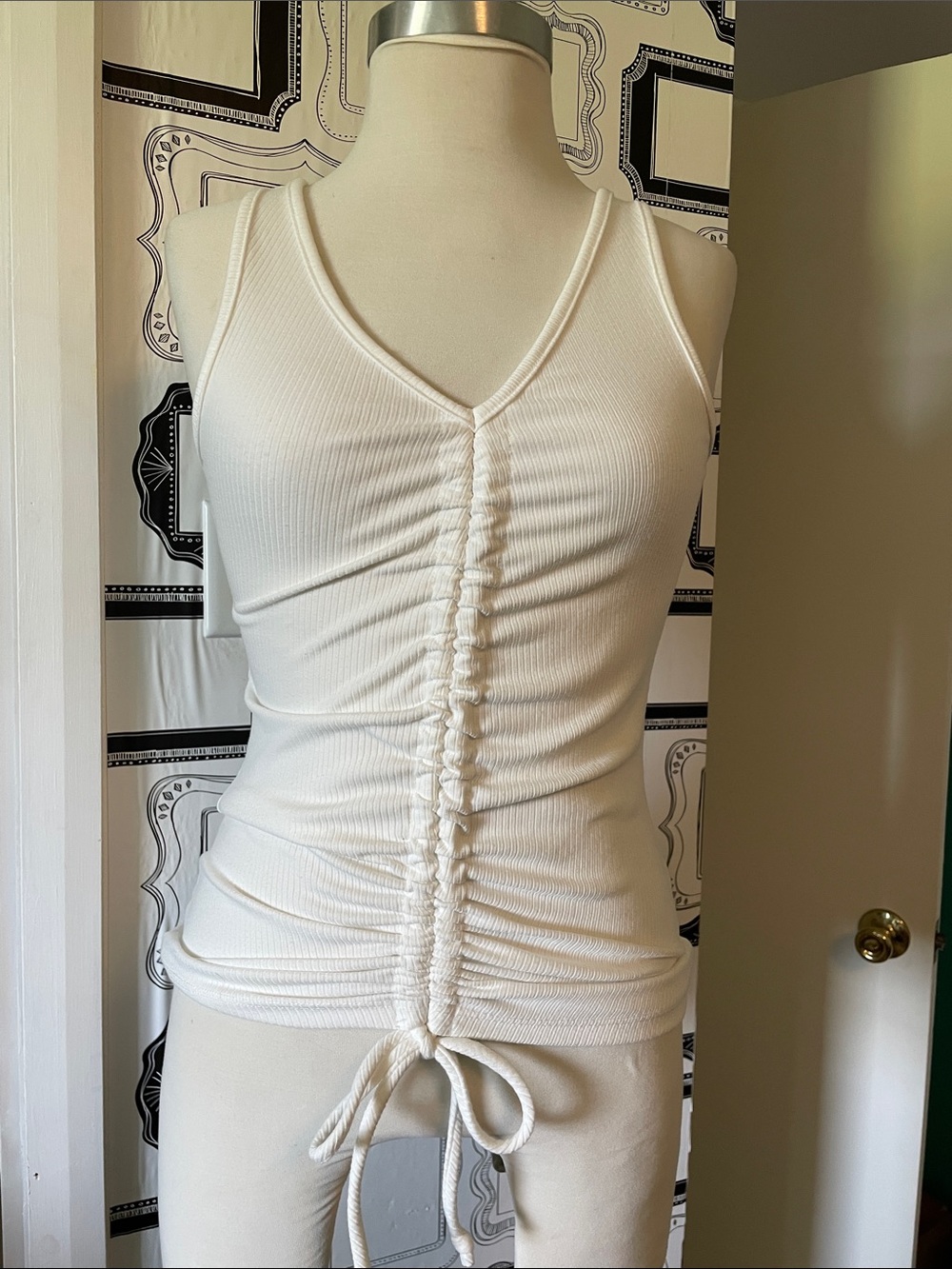 Women's Cream Ruched Tie-Front Tank Top